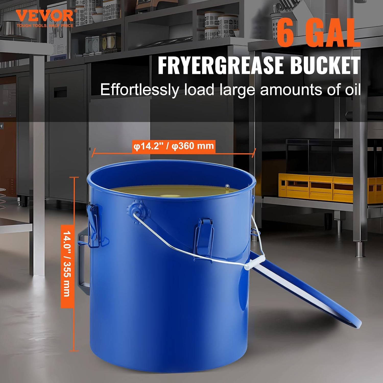 VEVOR Fryer Grease Bucket - 6 Gal Carbon Steel Oil Disposal Caddy with Rust-Proof Coating, Transport Container with Lid, Lock Clips, Filter Bag for Hot Cooking Oil Filtering