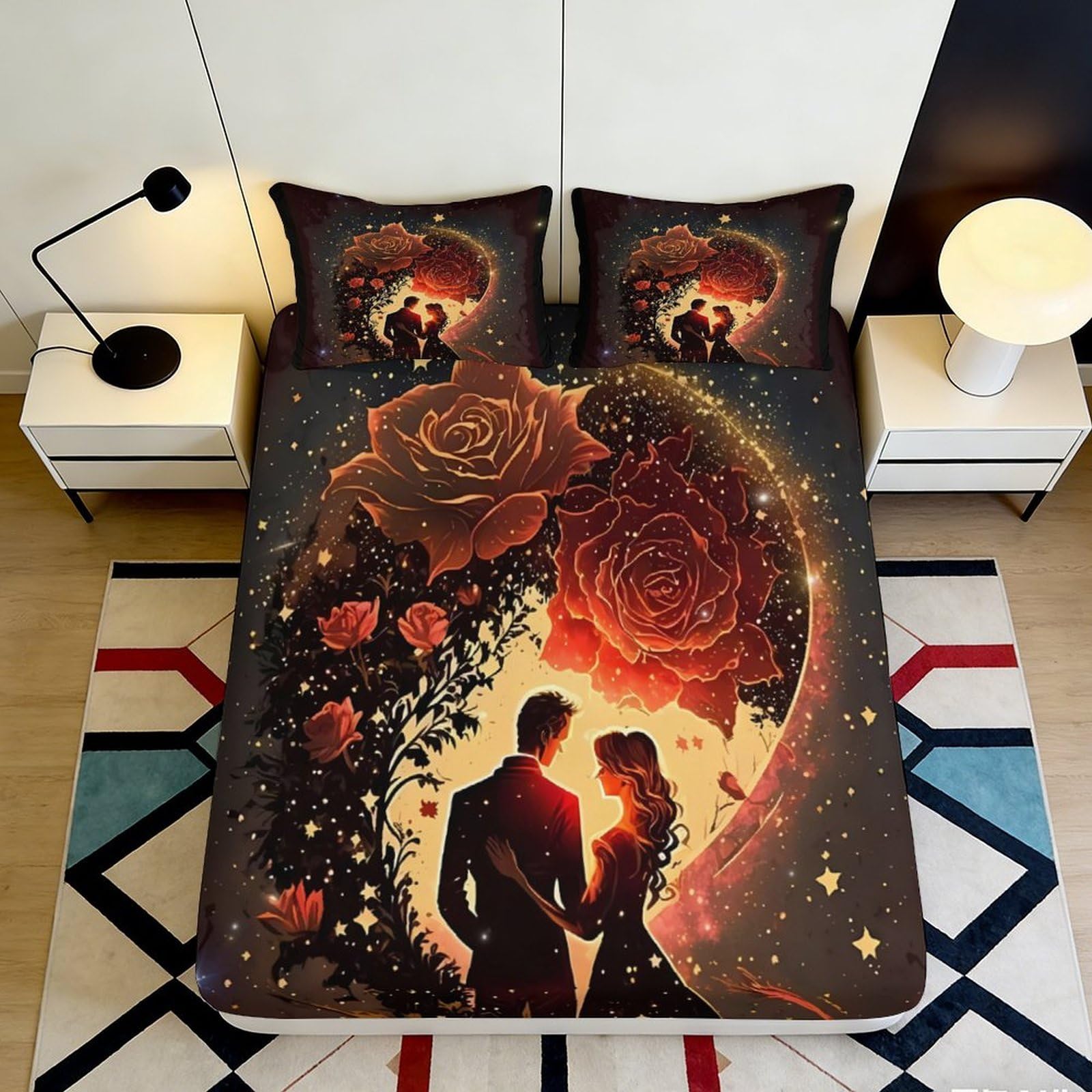 Dhbaneiok Style-10 3D Printed Romantic Rose Fitted Sheet Microfiber Silky Soft Couple Silhouette Bed Cover For Bedroom Guest Room Decor 90X200x25cm