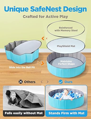 Miniatura 4 de Hikiddy Piscina de bolas grande para niños pequeños  Piscina de pelotas para bebés de 44 pulgadas con alfombra de juego desplegable, portátil y