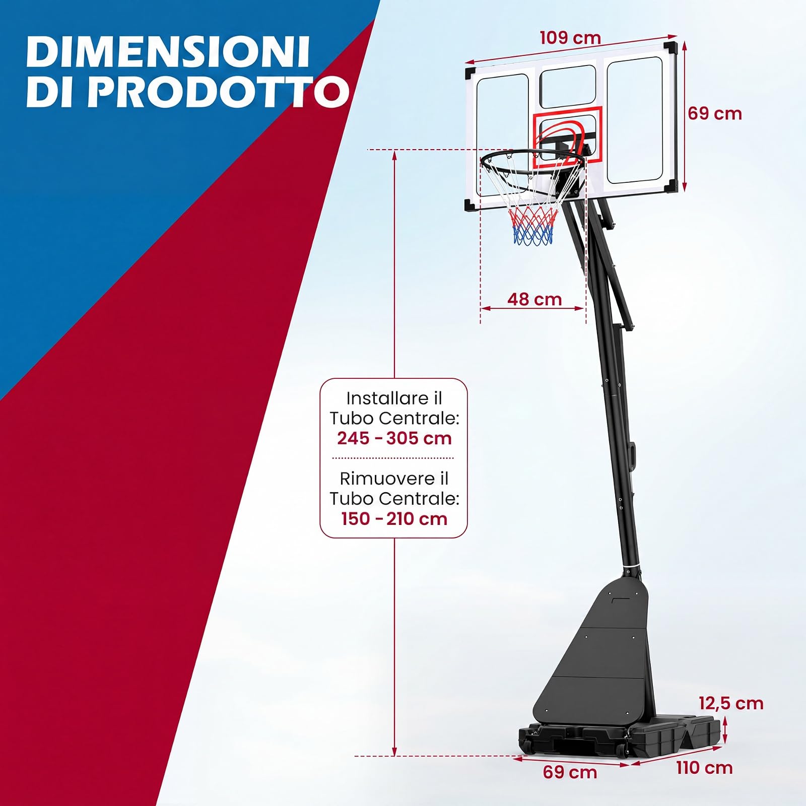 COSTWAY Canestro da Basket da Esterno ed Interno 305 cm | Canestro Basket Professionale con Altezza Regolabile, Ruote, Tabellone Infrangibile, Pannello di Rimbalzo e Base Riempibile