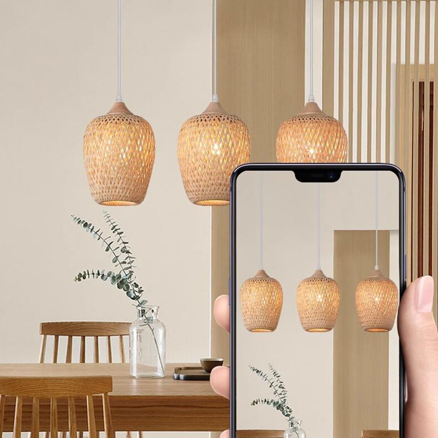 Lampada A Sospensione In Bambù Intrecciato Lampadario Artigianale Ellittica Sospensione Vintage Industriale E27 For Isola Cucina Sala Da Pranzo Soggiorno(3-flammig)