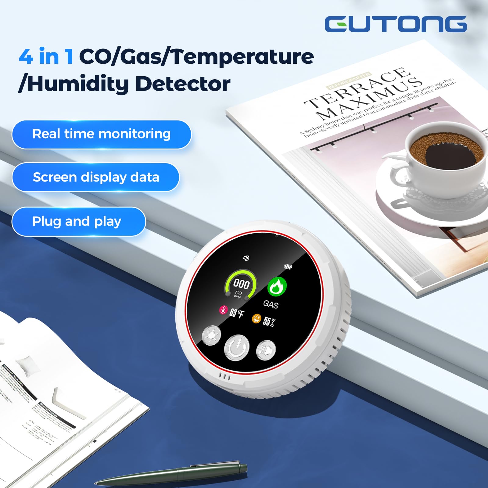 4 in 1 Carbon Monoxide Detectors Plug in, CO Detector & Natural Gas Detector with Battery Backup, HD Digital Display Monitors CO, Combustible Gas, Temp, Humidity - Home Safety for House, RV