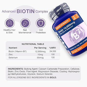 Zipvit Biotin Hair Skin & Nails Complex with Zinc & Selenium 12000mcg, 180 Vegan Tablets, High Strength Biotin for Men and Women