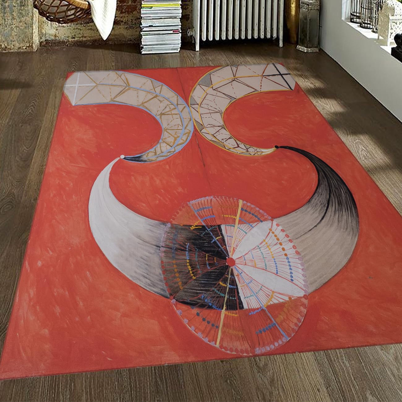 Tapis salon 160x230 cm lavable rouge et orange à motif géométrique abstrait