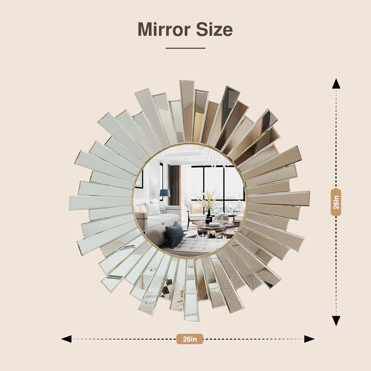 PERHOM 26"x26" Sunburst Mirror for Wall Decor, Modern Decorative Mirrors for Living Room, Bedroom, Entryway, Dinner Room, Fireplace