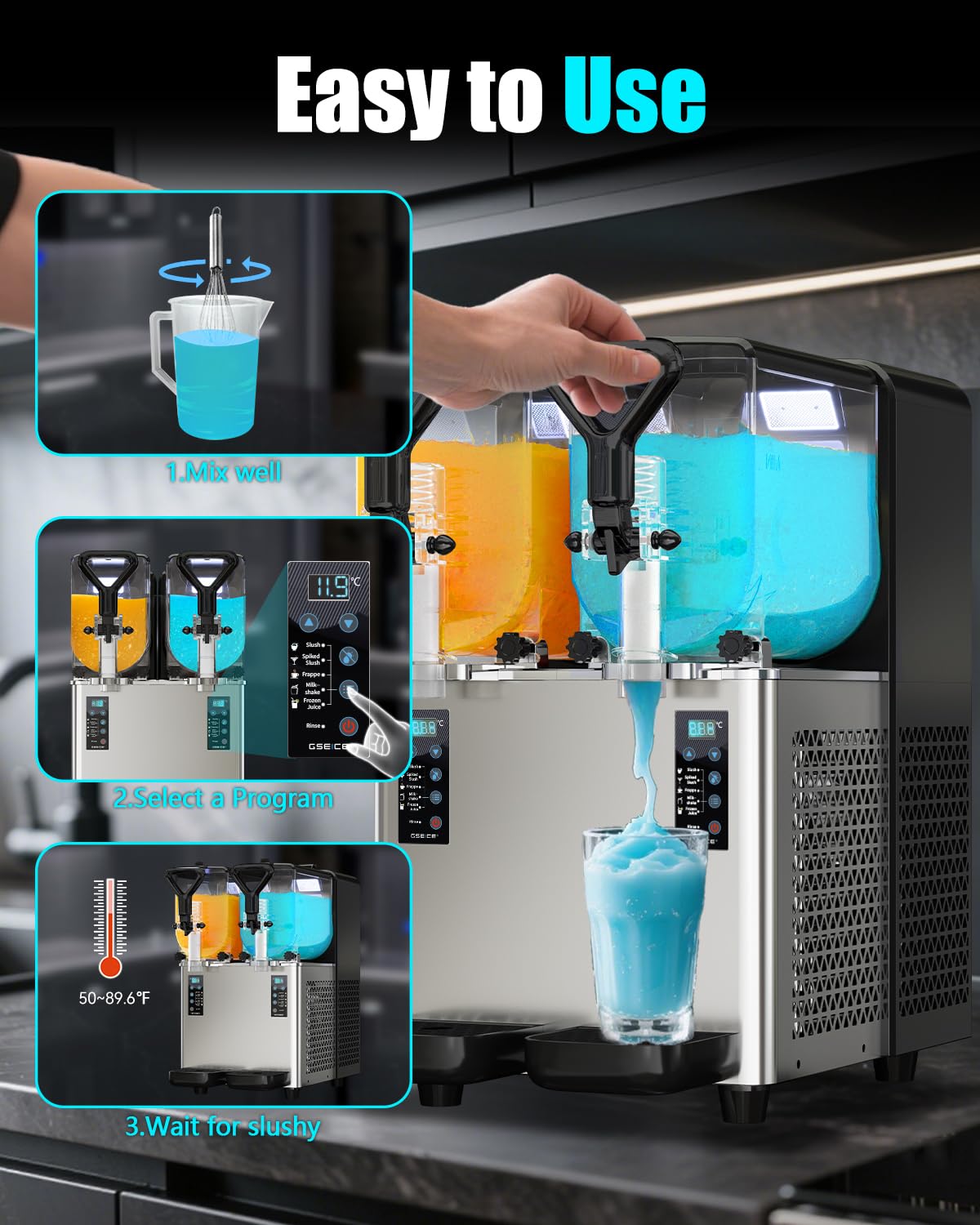 GSE Máquina de granizado profesional de 6 l con 2 tanques independientes y pantalla LCD – 4 programas (margarita, cóctel, granizado, jugo congelado) – Ideal para gastronomía, bar, fiesta en casa