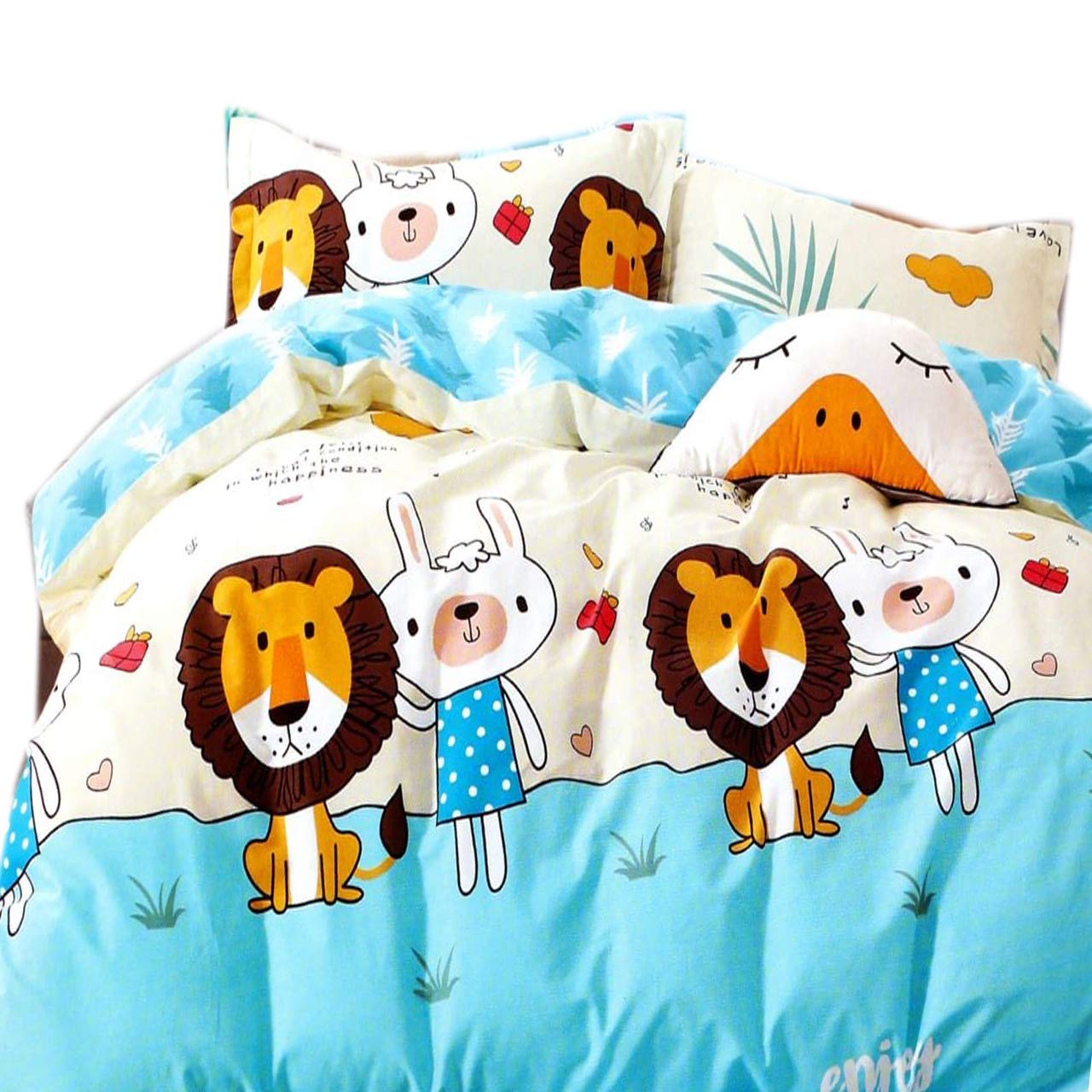 Sky Tex 3D Printed Glace Cotton Aqua Color Lion & Bunny Printed 160 TC Single Bed Sheet with 1 Pillow Cover