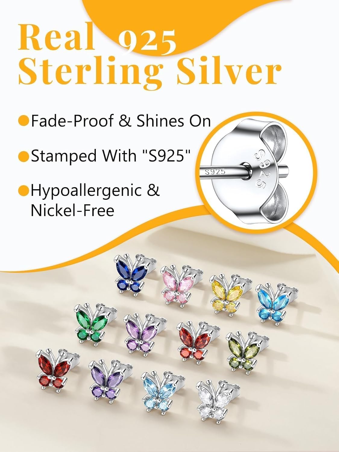 Silvora Birthstone Earrings for Women, 925 Sterling Silver Butterfly Stud, Small Butterfly Earrings Birthstone Jewelry