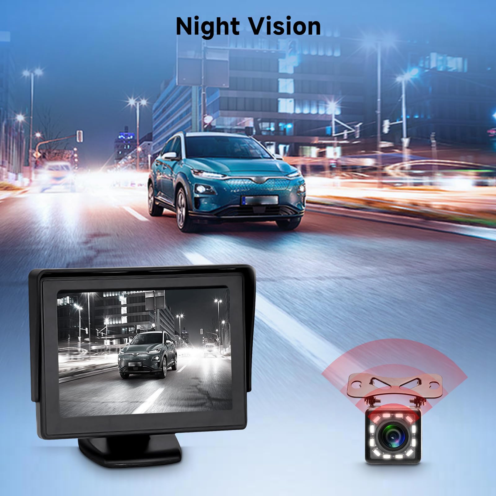 Rimoody Kamera wsteczna z wyświetlaczem LCD o przekątnej 4,3 cala, 12 diodami LED, kamera noktowizyjna, IP68 wodoodporna z kablem AV 6,5 m z adapterem 3,5 m