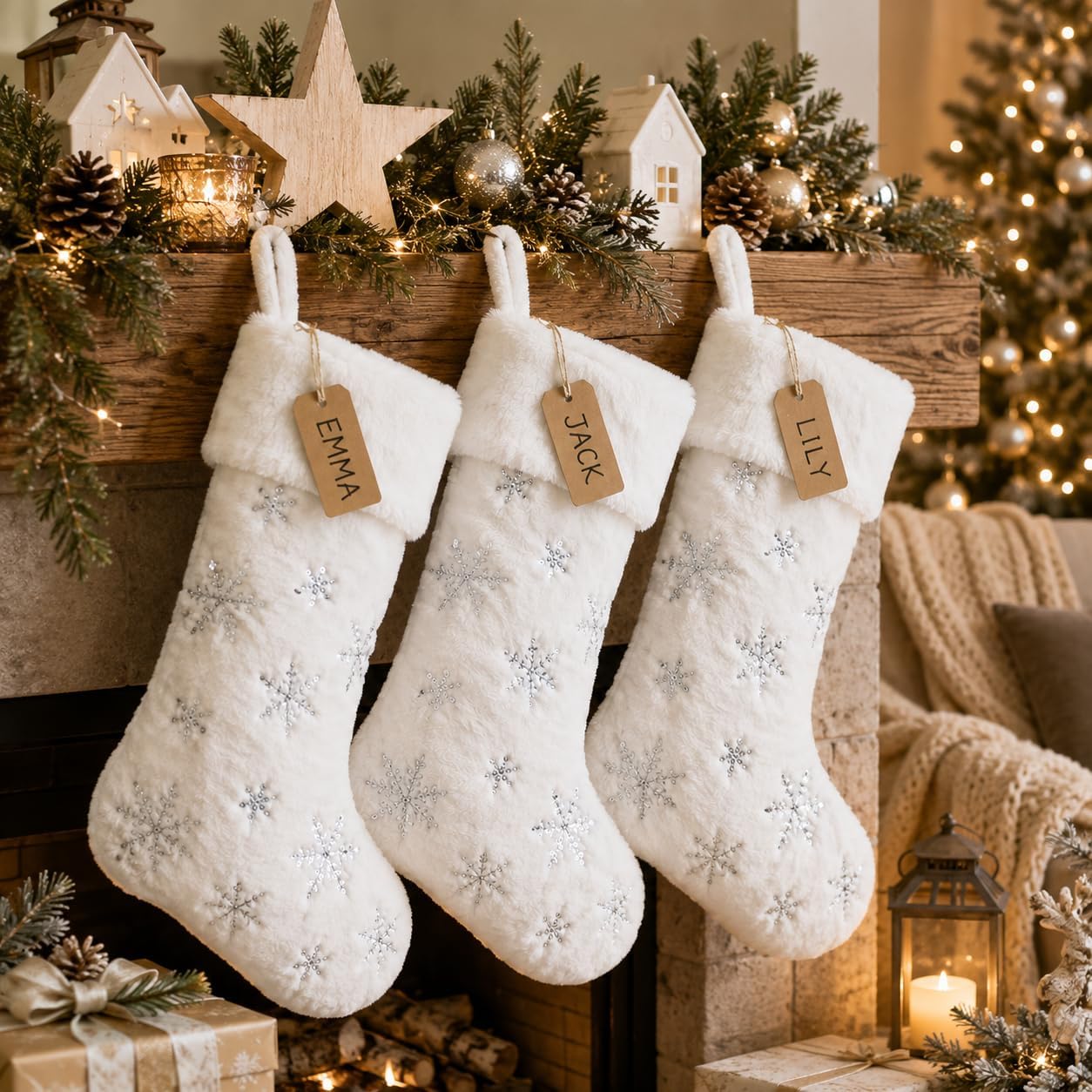 3 Pack 22 Inch Faux Fur Sequin Snowflake Christmas Stockings Snowy White Christmas Stockings Hanging Ornaments Candy Gift Bags for Christmas Decorations