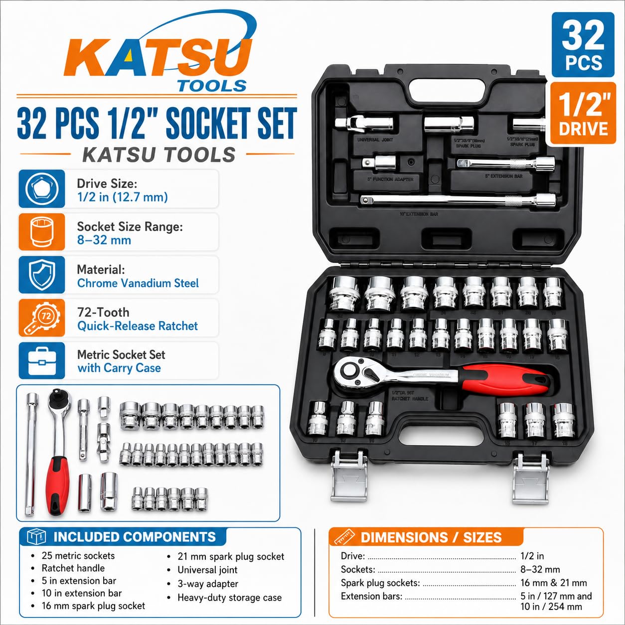 KATSU Set di Chiavi a Bussola 1/2" 32 Pezzi, Unità Metrica da 8-32mm con Chiave a Cricchetto a Sgancio Rapido a 72 denti e Barra di Prolunga, Strumento di Riparazione Automatica 420347