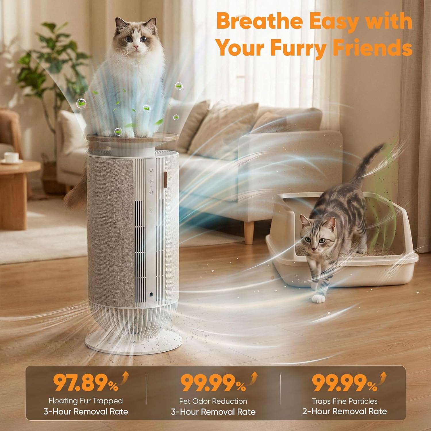 Petbobi Air Purifier for Home Large Room Up to 3630 Sq Ft, H13 + H11 HEPA | 7-Layer Anti-Clog Pet Hair Dander Smoke Odor Removal, 360° Airflow 275 CFM, Smart App & Monitor Auto Mode, 25dB Quiet Sleep image 3