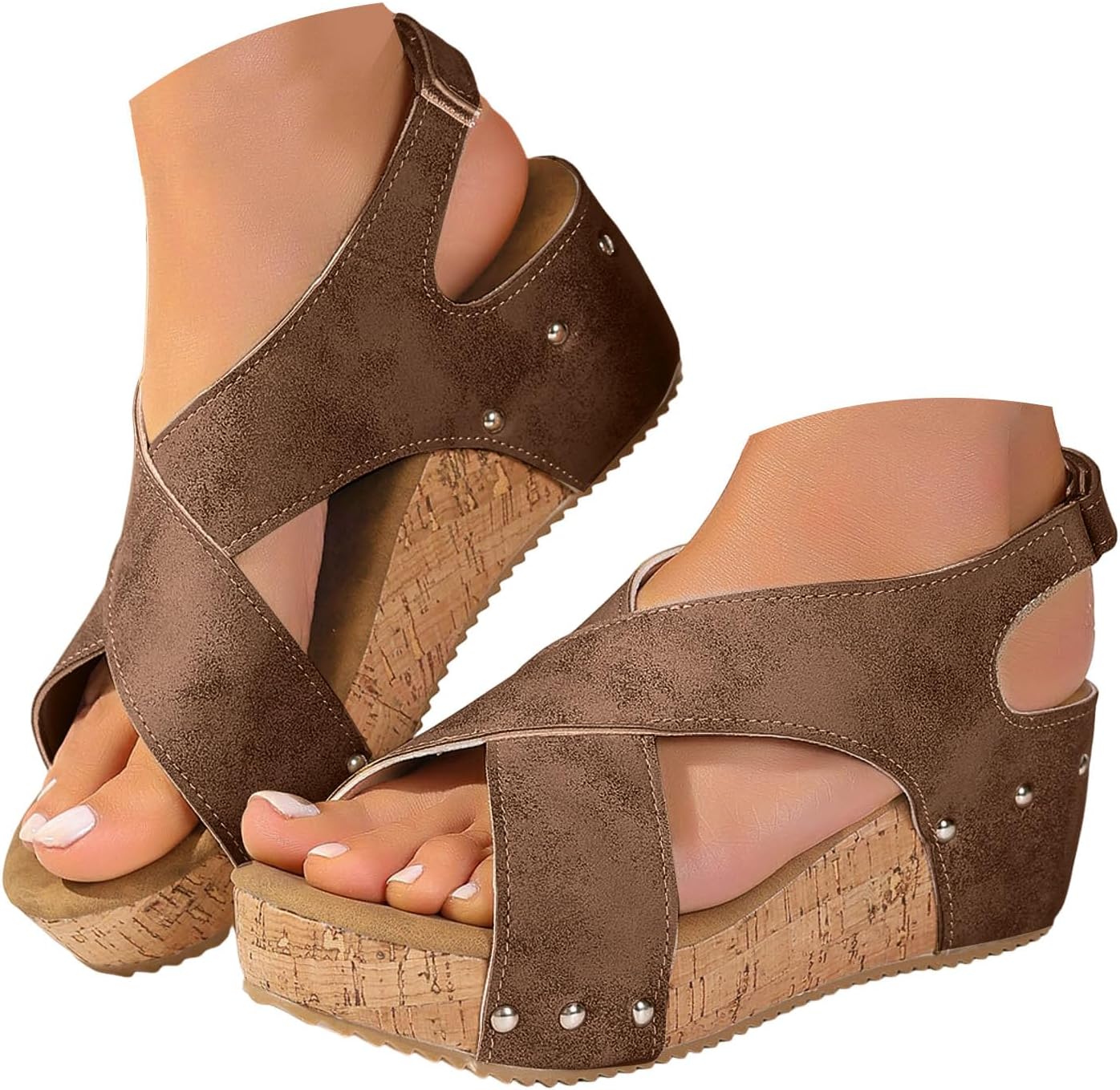 Women's Platform Wedge Sandals, Comfortable Peep-Toe Cork Casual & Dressy Summer Lightweight Sandals For All Day Wear Slip On Slides Wedge Heels Beach Vacation Shoes