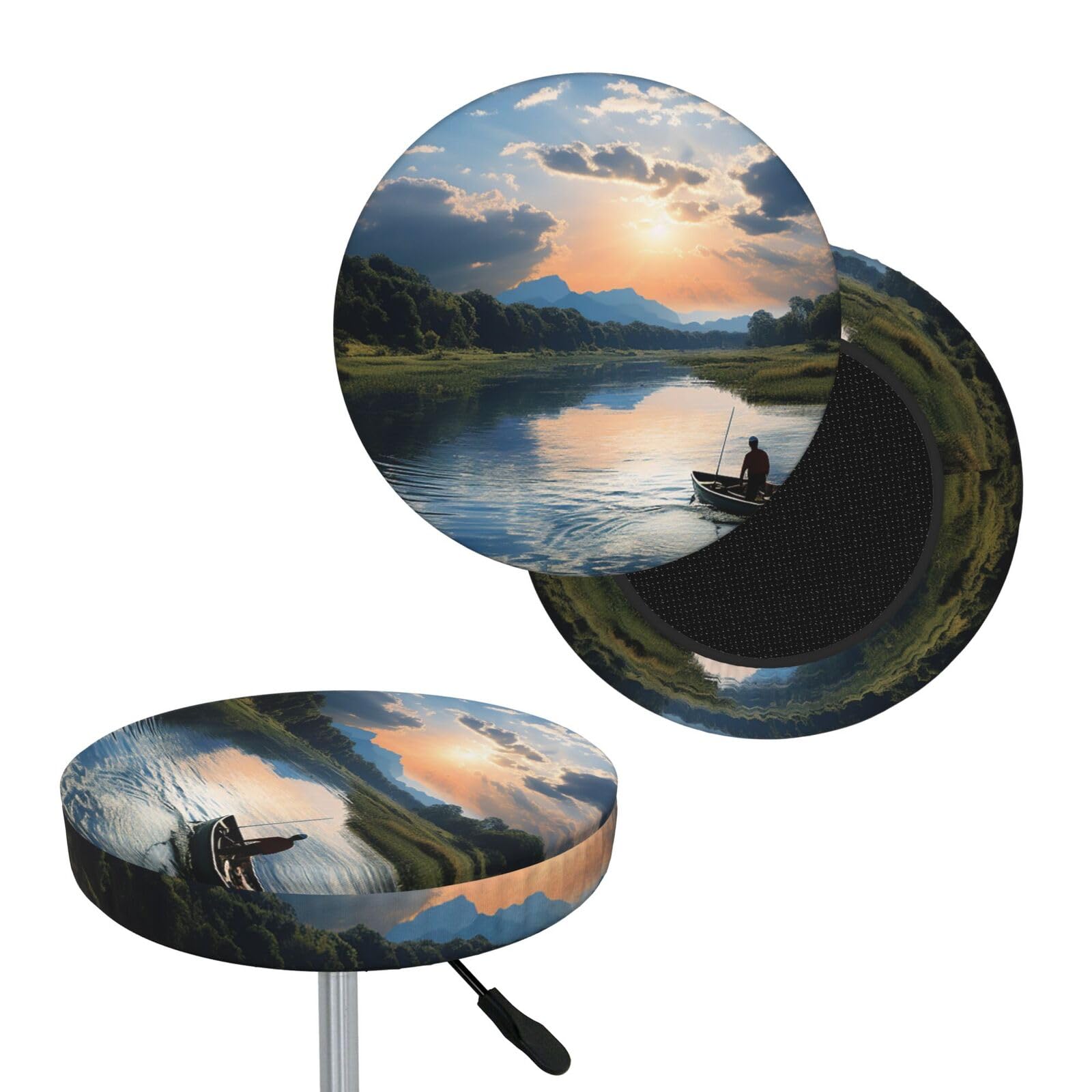 FekiLoot Fishing Scenic Round Bar Stool Covers Stretch Washable Bar Stool Covers Dustproof Slipcover Bar Chair Covers with Elastic Band for Bar Kitchen Living Room Decor 13 Inch