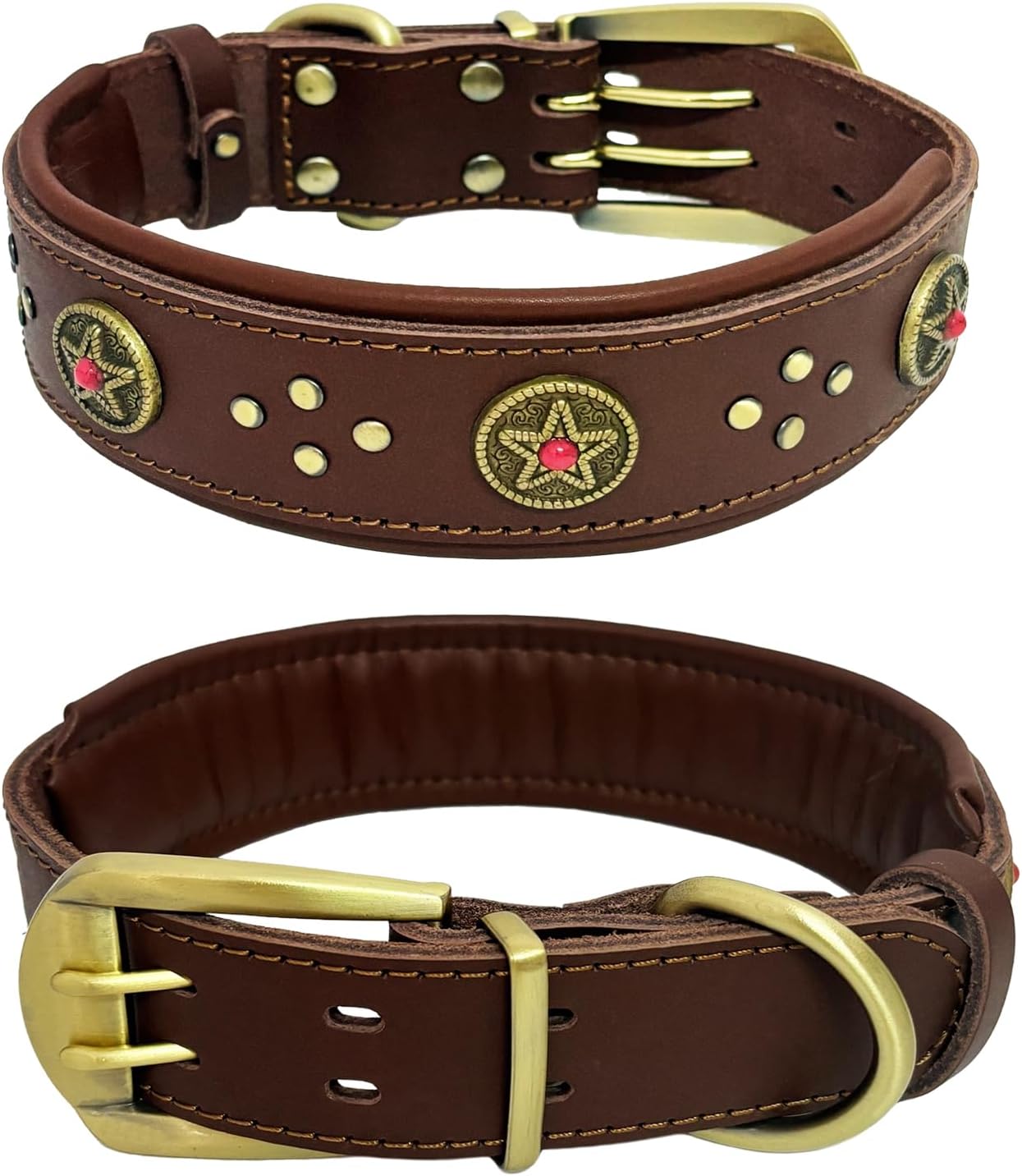 Leather Dog Collar, 2 inches Wide Heavy Duty Genuine Leather Collars,Soft Handmade and Durable Dog Collars for Medium, Large and Giant Dogs Brown