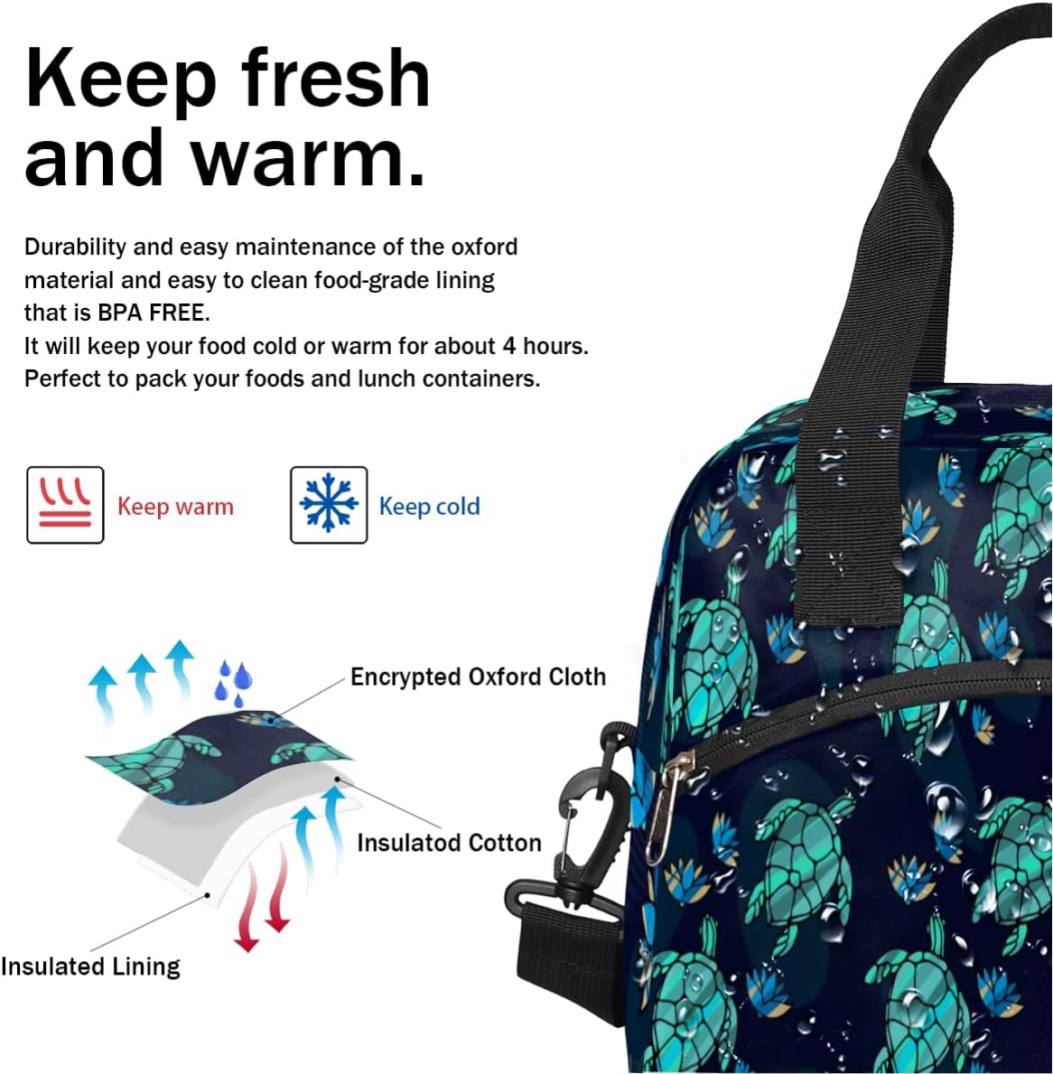 Insulated Lunch Bag for Women Men Teal Turtle Ocean Animal Nautical Floral Lunch Box Reusable Lunch Cooler Bag Large Lunch Tote Bag for Work Picnic Travel School - Image 5