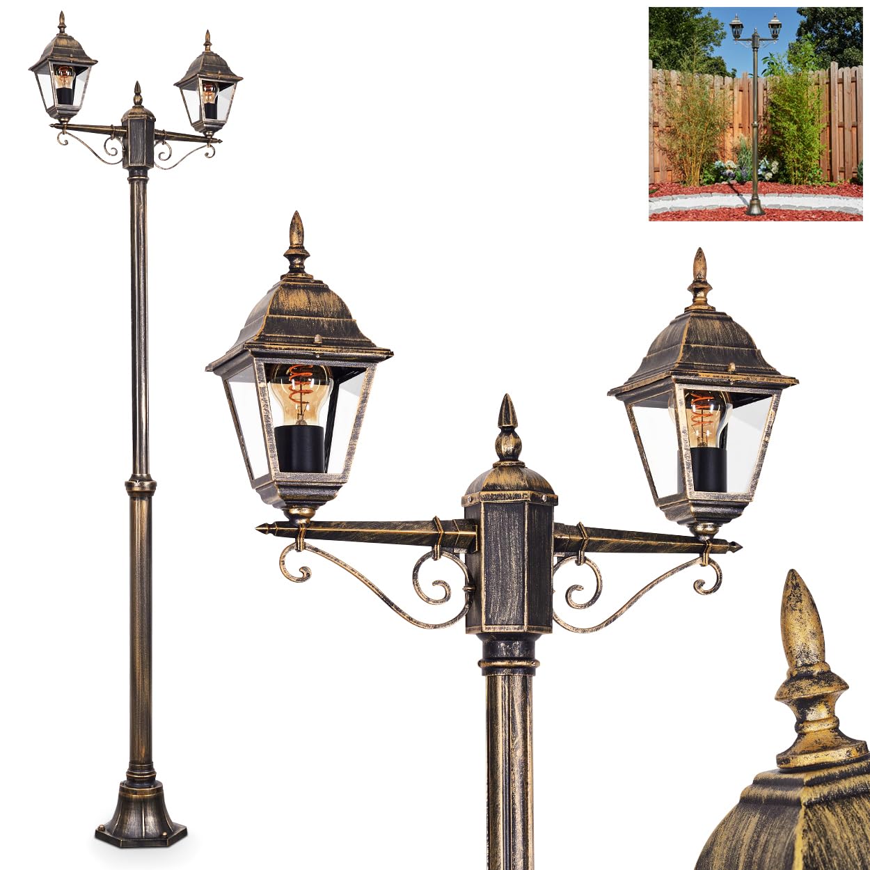 Lampa drogowa zewnętrzna Hong Kong, lampa ścieżki z metalu/szkła w kolorze czarno-złotym, przezroczysta, kandelabr w antycznym stylu, wysokość maks. 220 cm, oświetlenie ogrodowe IP44, 2 x E27, bez