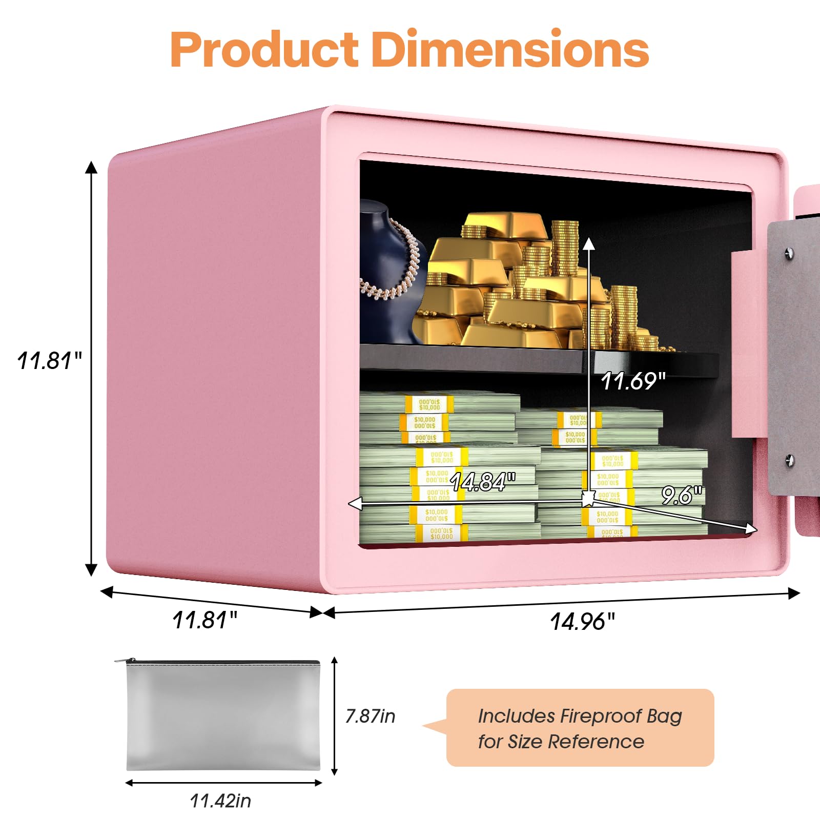 GoldenKey Cassaforte per impronte digitali rosa, cassaforte di sicurezza biometrica da 1,6 m Cu Ft con tastiera touchscreen, cassaforte per gioielli per contanti, cassaforte impermeabile ignifuga per