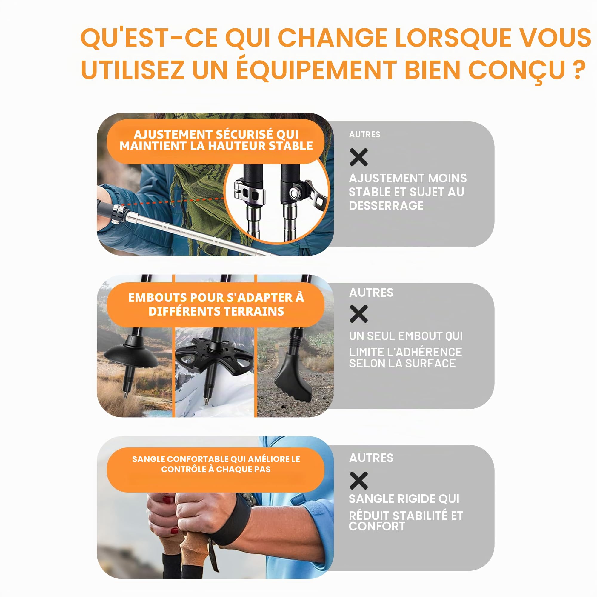 Bâtons de trekking pliables, 2 bâtons de randonnée, aluminium 7075, légers, réglables de 120 à 135 cm, manche en liège, 4 paires de butées, ajustement rapide, montagne, marche nordique, trail, course