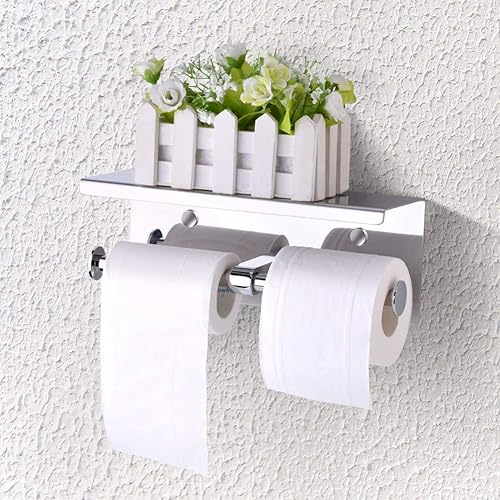 Miniatura 6 de Soporte doble de papel higiénico con estante - Dispensador de acero inoxidable TP montado en la pared - Almacenamiento multiusos para baño