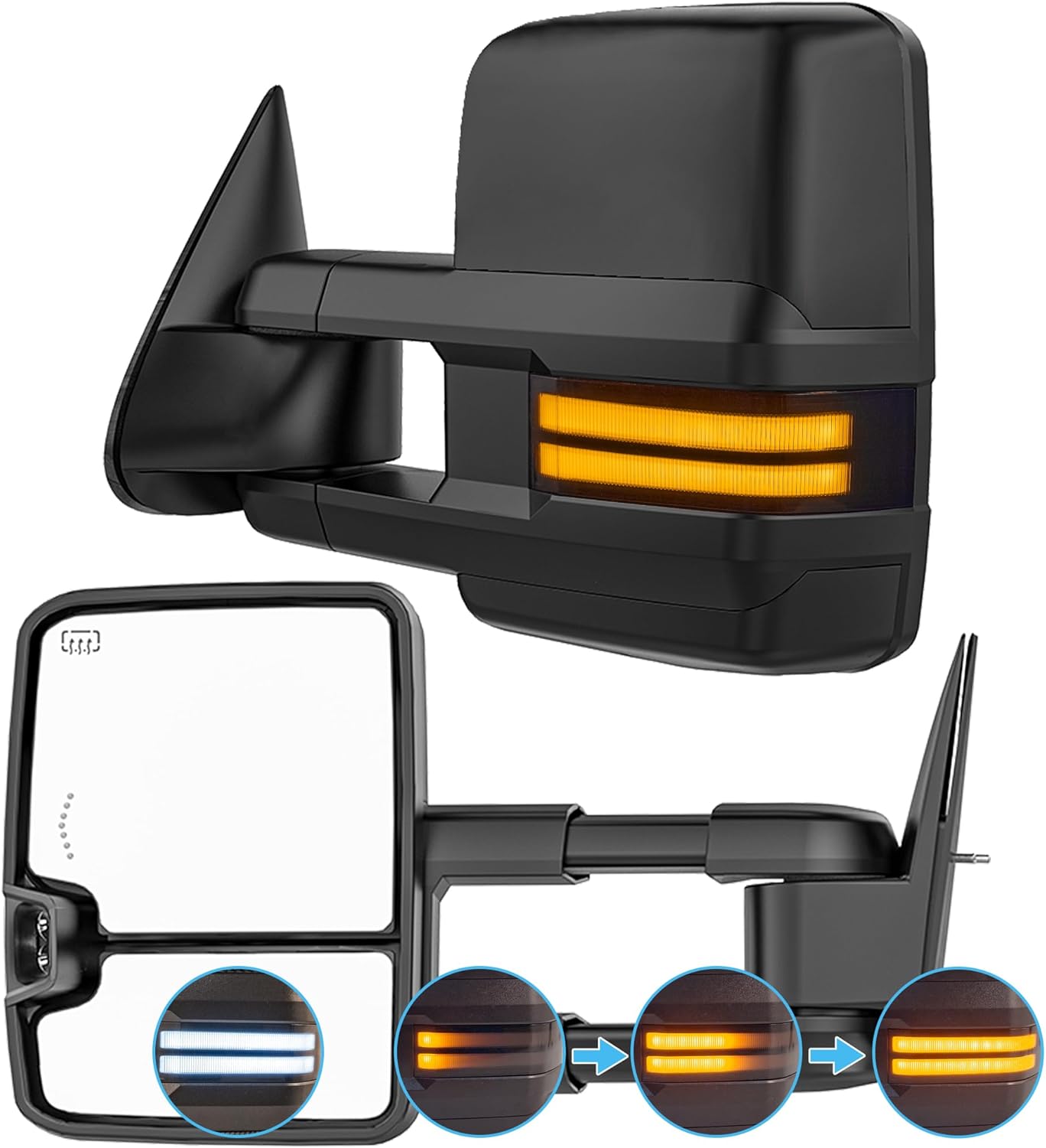 switchback signal tow mirrors compatible with 2007-2021 toyota tundra(w/o bsm), heated extended trailer towing side mirror w/backup light and seq turn signal, smoked lens black housing switchback signal / black