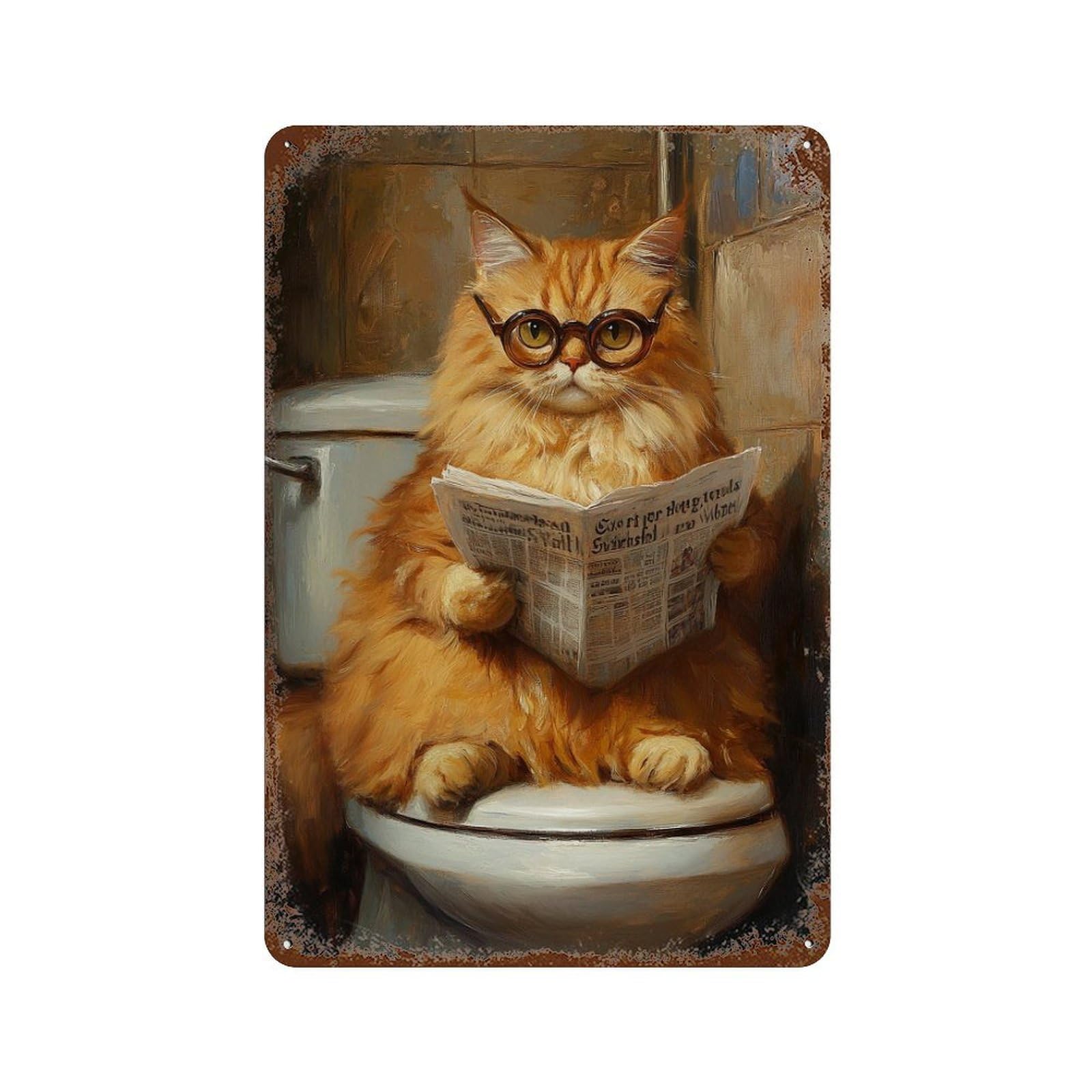 Curious Cat Reading Newspaper on Toilet Retro Metal Sign 11.8"x7.9", Classic Wall Plaque for Garage, Pub Or Kitchen