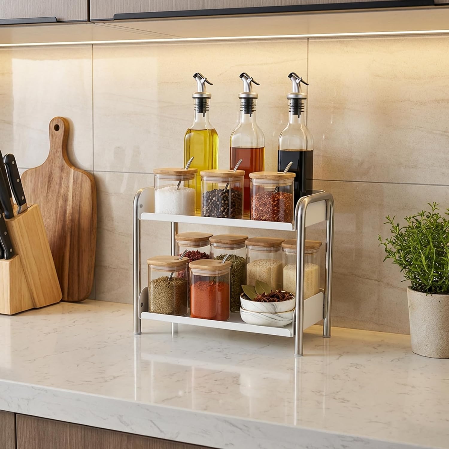 MOZIMABOX Cabinet Organizer Shelf, 2 Tier Kitchen Spice Rack Countertop Shelf Organizer, Stainless Steel Kitchen Storage Countertop Storage Shelf Container, (S, White)