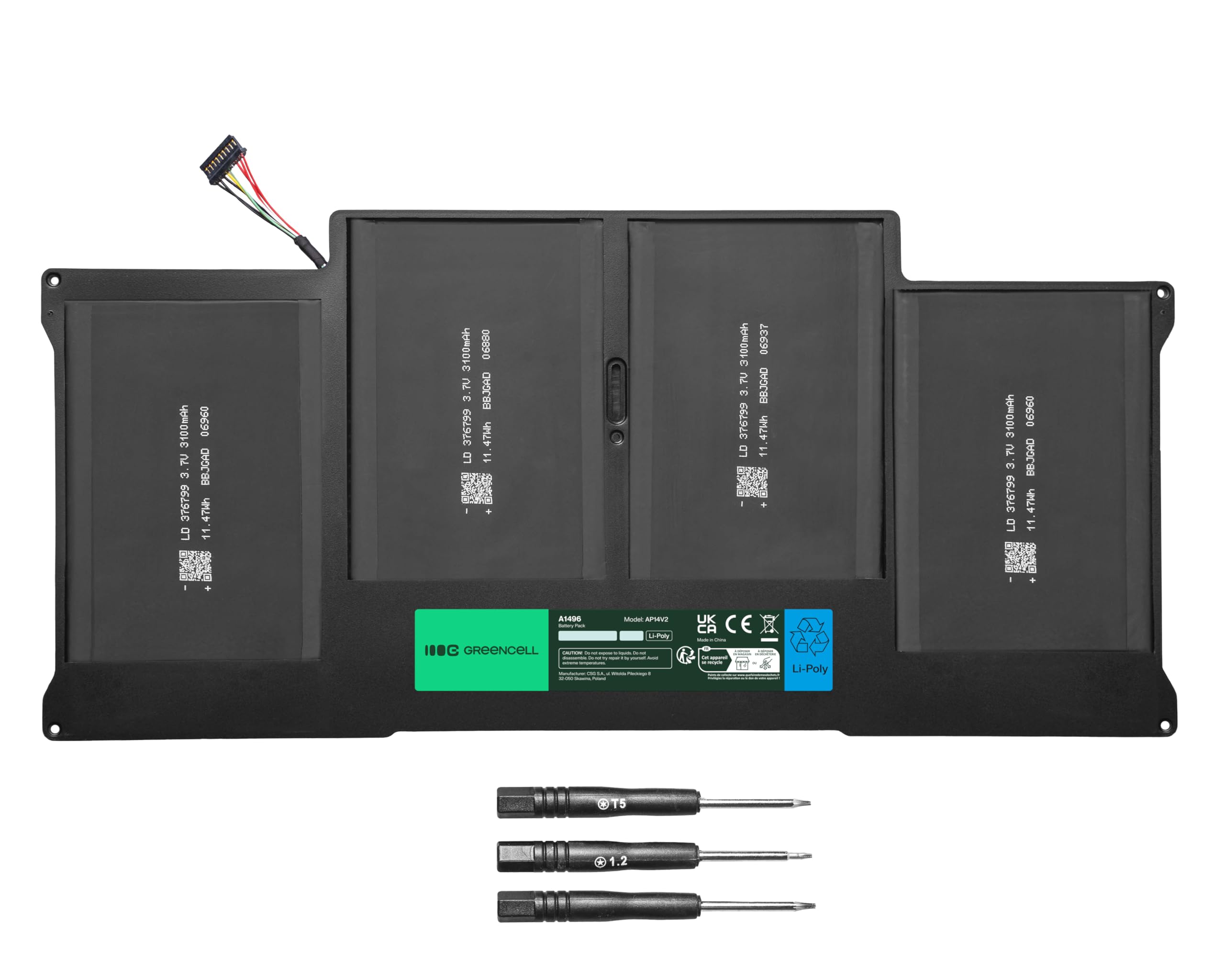 Green Cell Bateria do laptopa Apple MacBook Air 13 A1369 A1466 (2010, 2011, 2012, 2013, 2014, 2015, 2017) (47 Wh, 7.4-7.6 V, Kolor Czarny) A1377 A1405 A1496