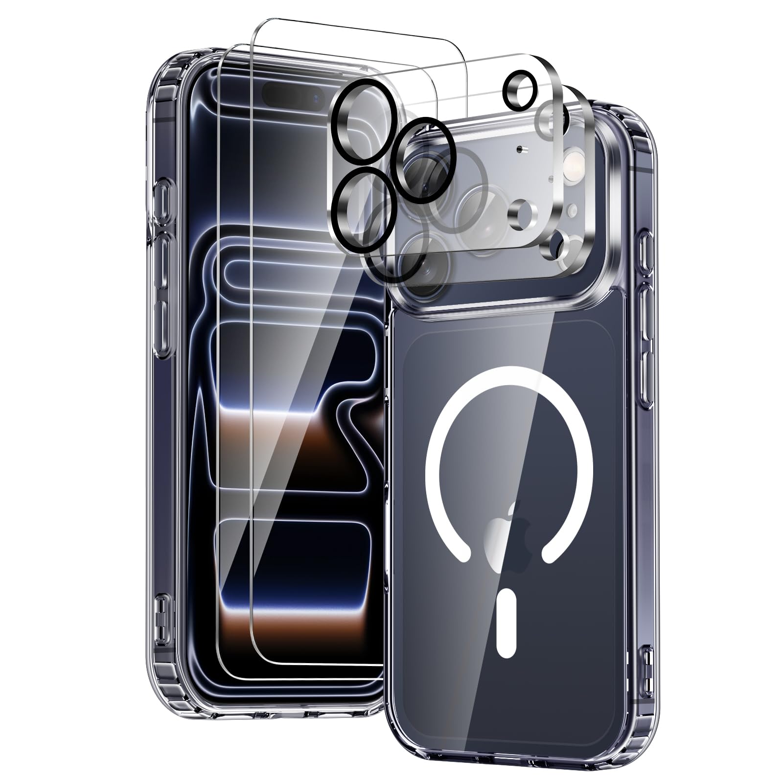 COPIKE Cover Magnetica per iPhone 17 Pro 2025 con 2 Vetro Temperato e 2 Lente Fotocamera Protezione, Custodia Mag Safe Sottile Antiurto [Senza Ingiallimento] Retro Antigraffio, Trasparente