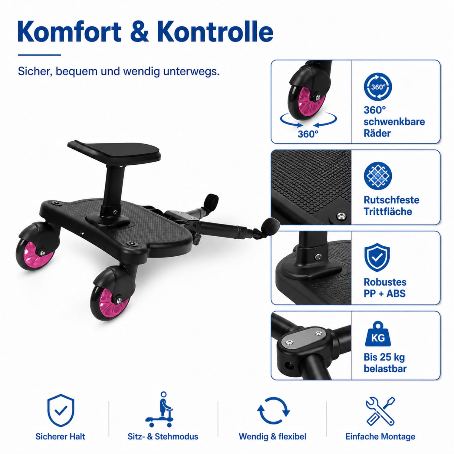 Kiddy Planche universelle pour poussette avec siège, rose | Planche de poussette pour 2-6 ans, siège amovible, planche jusqu'à 25 kg, design à deux roues à 360°