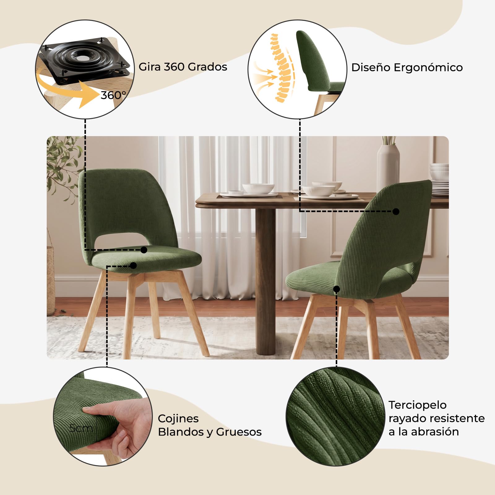 JIJIAN Juego de 2 Sillas de Comedor Giratorias 360° con Patas de Haya | Silla Acolchada Ergonómica, para Salón, Cocina, Dormitorio y Estudio, Verde