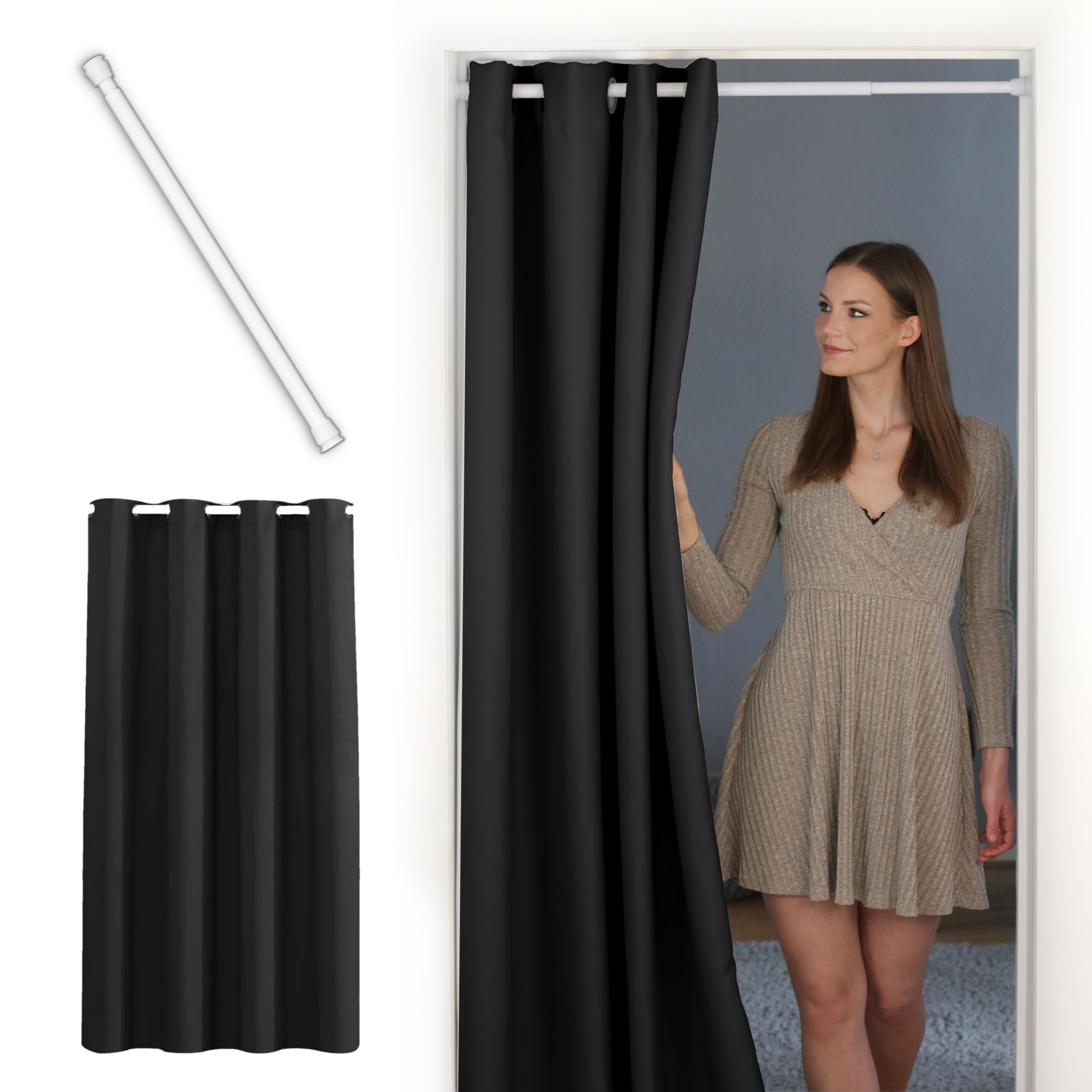 tinycurtains, Thermo Türvorhang mit Teleskopstange, einfache Montage in nur 1 Minute ohne Bohren (Türgardine schwarz H195 x B150 cm + Stange weiß B55-90 cm)