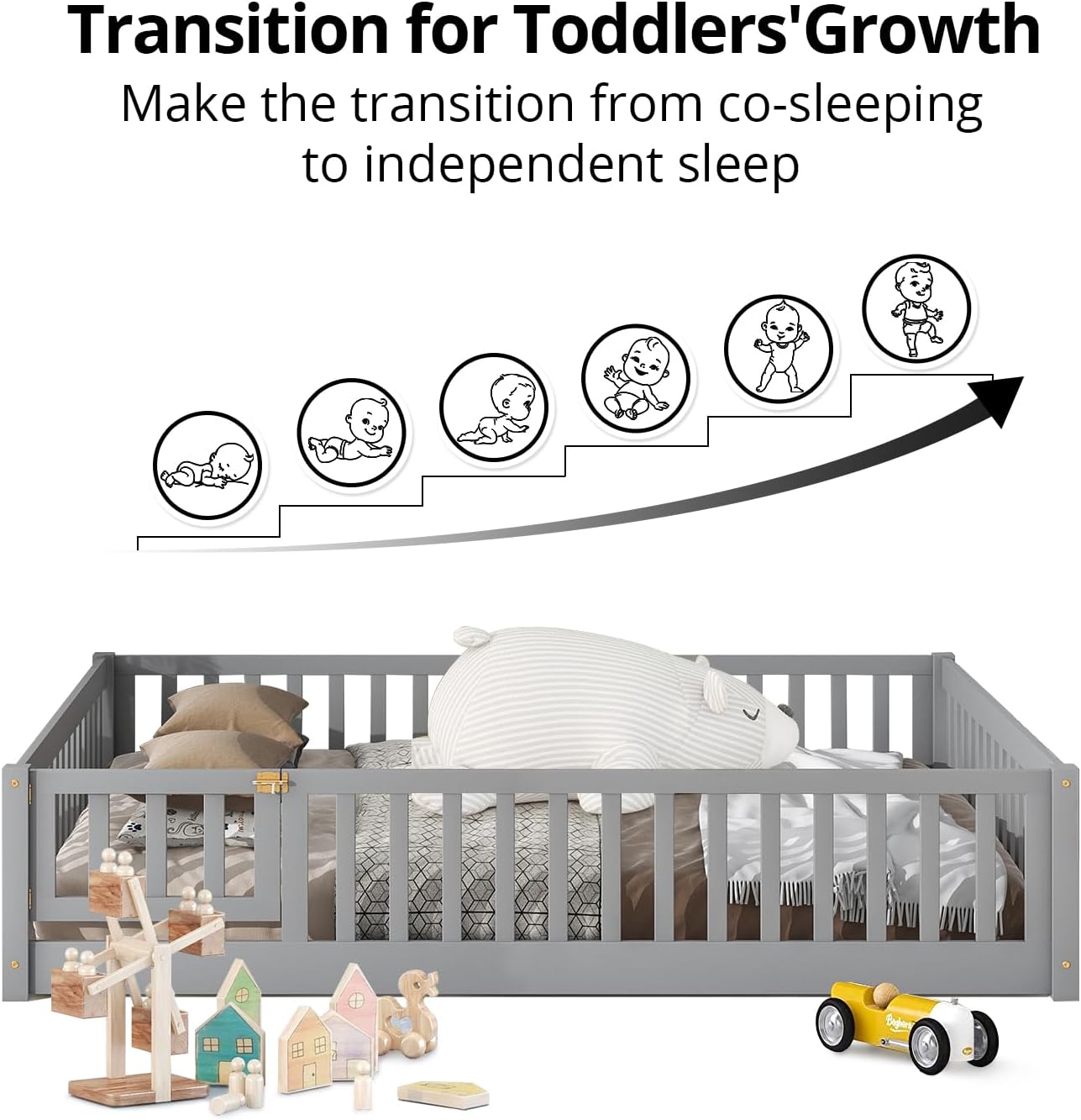 LLS Twin Floor Bed for Kids Solid Wood Montessori Bed Frame with Door & Safety Guardrails Multifunctional Montessori Floor Bed for Toddlers, Slats Support, Easy Assemble, Gray