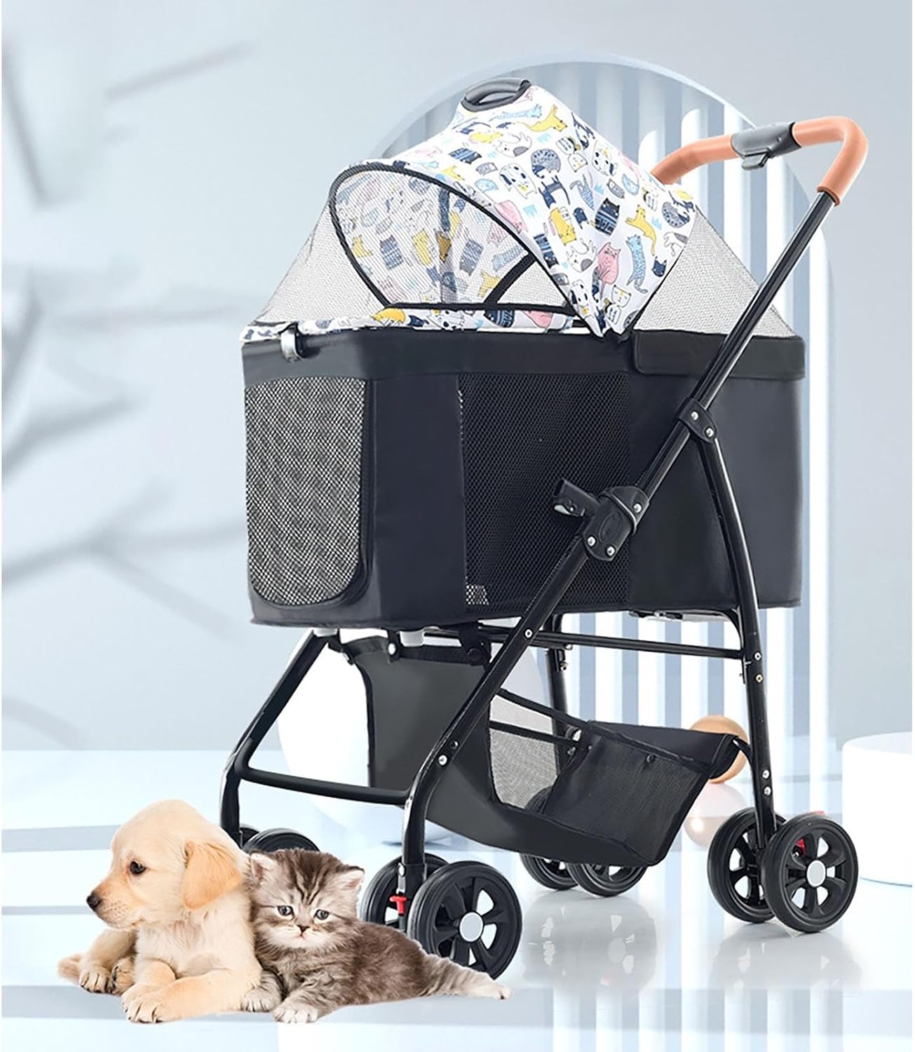 4 Wheels Cat Dog Traveling Strolling Cart Foldable Pet Stroller for Small Medium Cats Dogs with Safety Tether and Storage Basket Can Be Used Separately Holds Pets Up to 25 Kg / 55 Lbs(White)