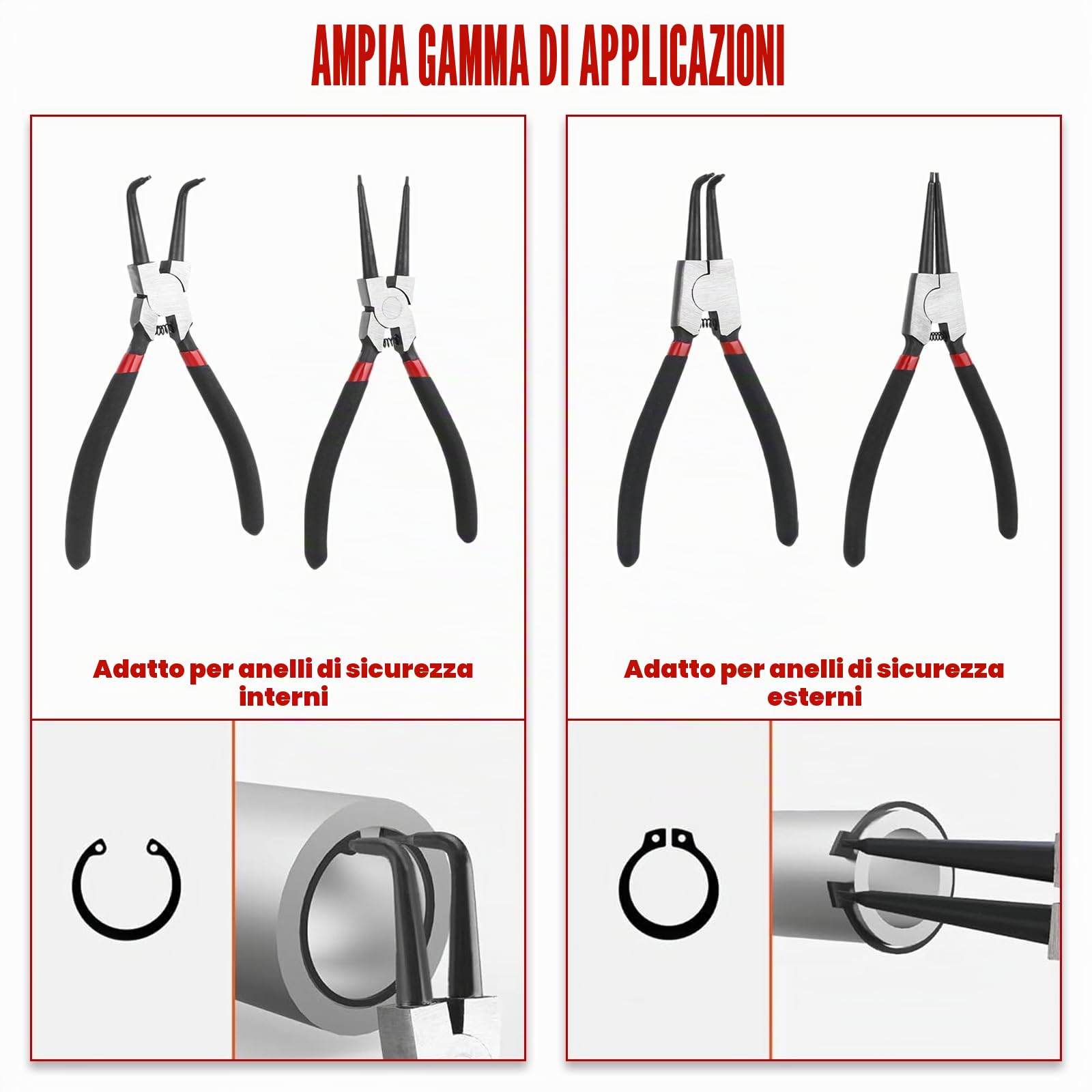 Set di 4 pinze per anelli elastici, 180 mm, con borsa portatile, pinze per anelli di sicurezza per interni ed esterni, pinze dritte e angolate