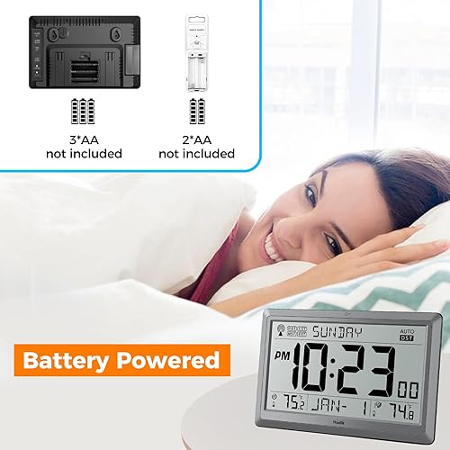 Miniatura 3 de Reloj de pared atómico con temperatura interior y exterior, alimentado por batería, fácil lectura con pantalla LCD grande de 10.5 pulgadas, reloj de