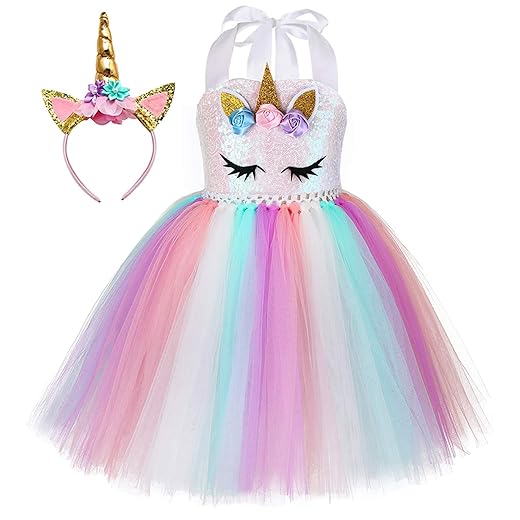 Fantasia Infantil Unicórnio com Tiara Mágica – Vestido Colorido Tule Arco-Íris para Meninas, Carnaval, Festa, Aniversário, Cosplay e Dia das Crianças de 3 a 10 anos Tutu Dreams Halloween LED Unicorn Costume for Girls Rainbow Pink Light Up Tutu Dress with Headband Birthday Holiday Party