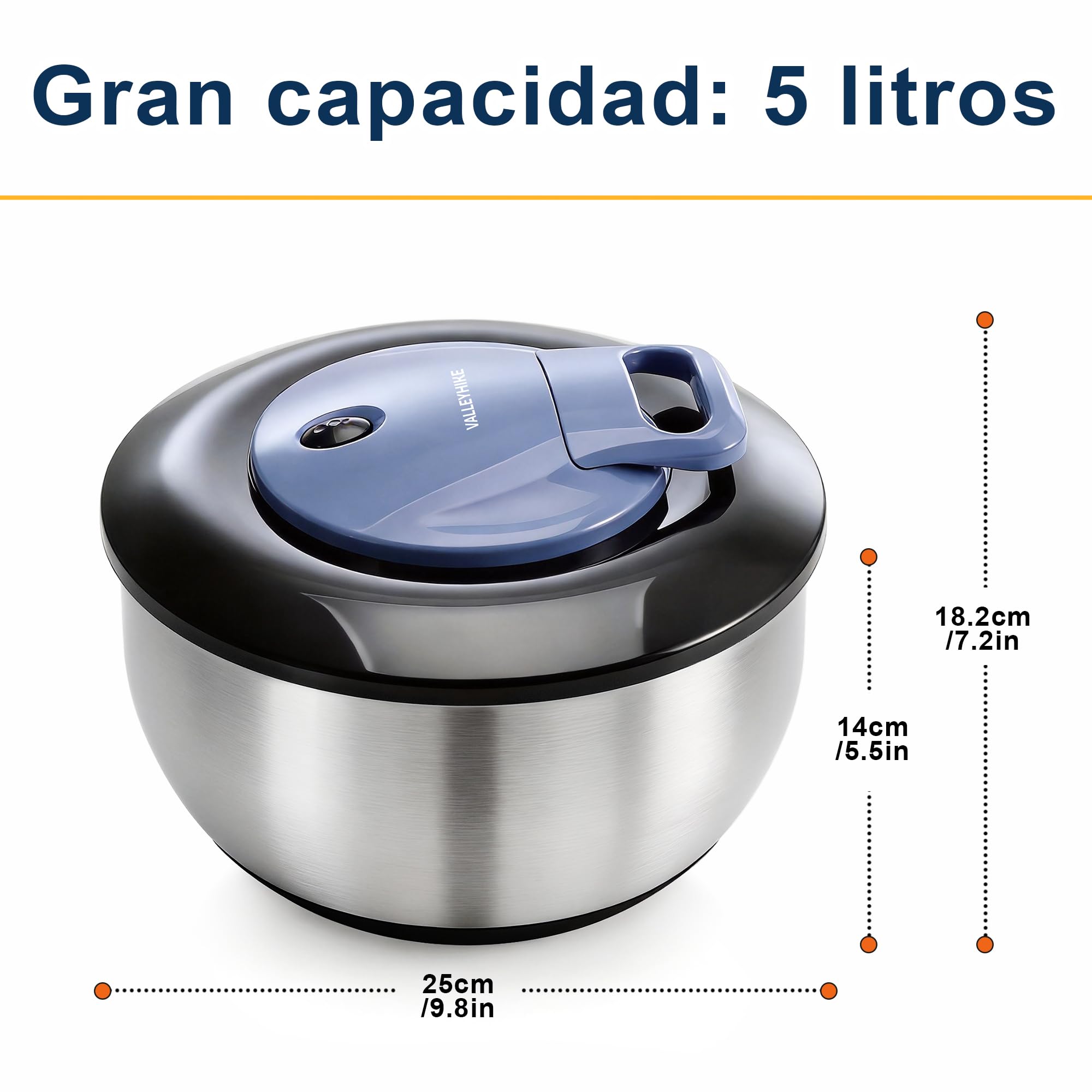 VALLEYHIKE Centrifugadora Ensalada Acero Inox 5L con Tapa Hermética | Centrifugadora Ensalada Resistente, Tracción, Ahorra Tiempo/Espacio, Fácil Usar/Limpiar/Guardar, Preparación Comidas, sin BPA