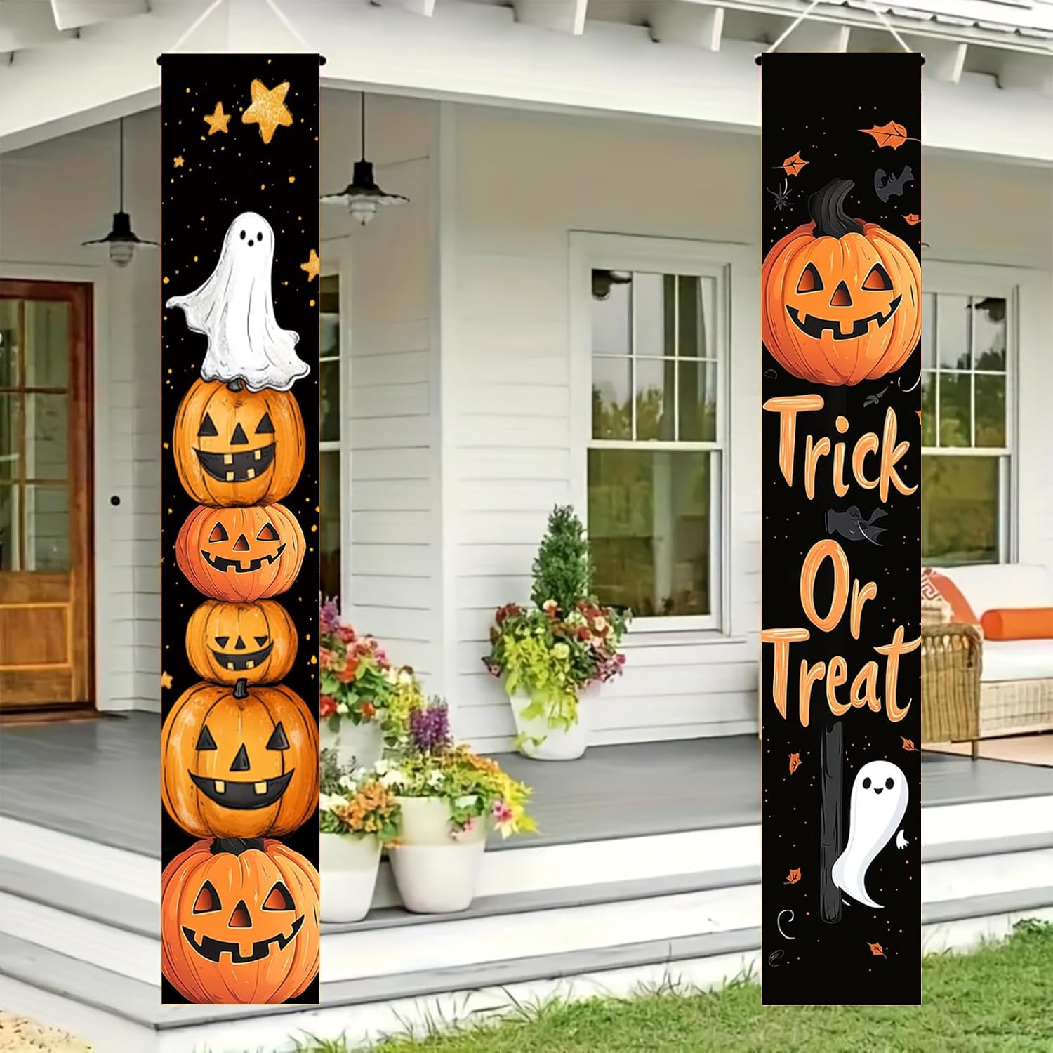 BlissYard Halloween Porch Banner 12x71 Inch Trick or Treat Door Sign Jack O Lantern Pumpkin Outdoor Hanging Decoration Happy Halloween Vertical Yard Flag for Home Party Entryway