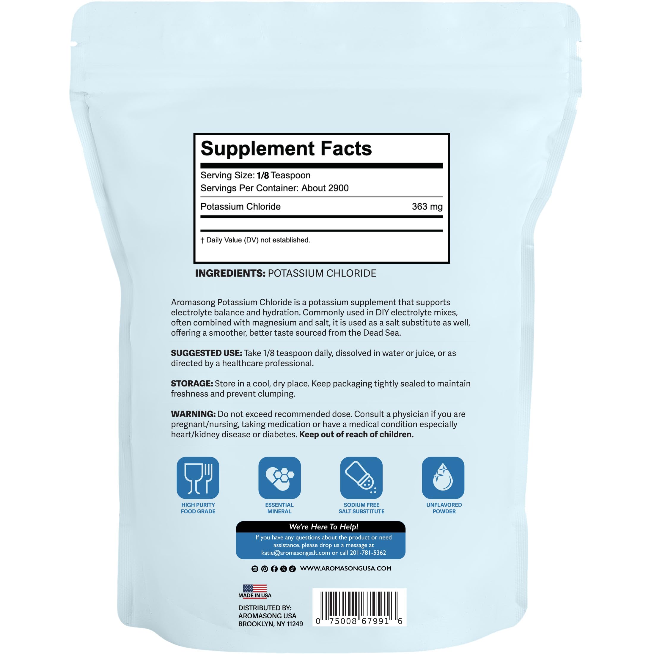 Aromasong Potassium Chloride Powder – Natural Low Sodium Salt Substitute & Essential Hydration Electrolyte Supplement– Pure Potassium Powder for Cooking & Mineral Balance – 14oz — Amazon image 7