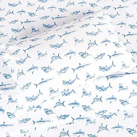 Kids Rule 4-Piece Shark Sketch Shark Sheets, 1 Fitted Sheet, 1 Flat Sheet, 2 Pillowcases