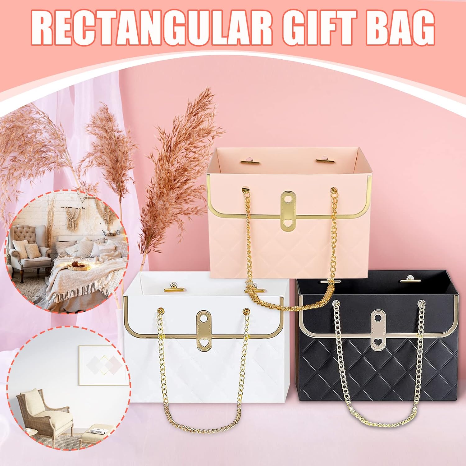 VAIPI 15 Pcs Flower Paper Gift Box with Metal Chain Flower Paper Gift Bags Flowers Bouquet Storage Bucket Florist Bag Floral Wrap Box for Valentines Mothers Day Wedding Party Supplies