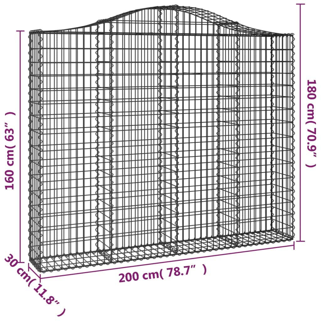 Juego de 4 paredes de gaviones con arco alto, 200 x 30 x 160/180 cm, color plateado | Robusto toldo para patio y patio delantero: cestas de alambre de hierro galvanizado para rellenar.