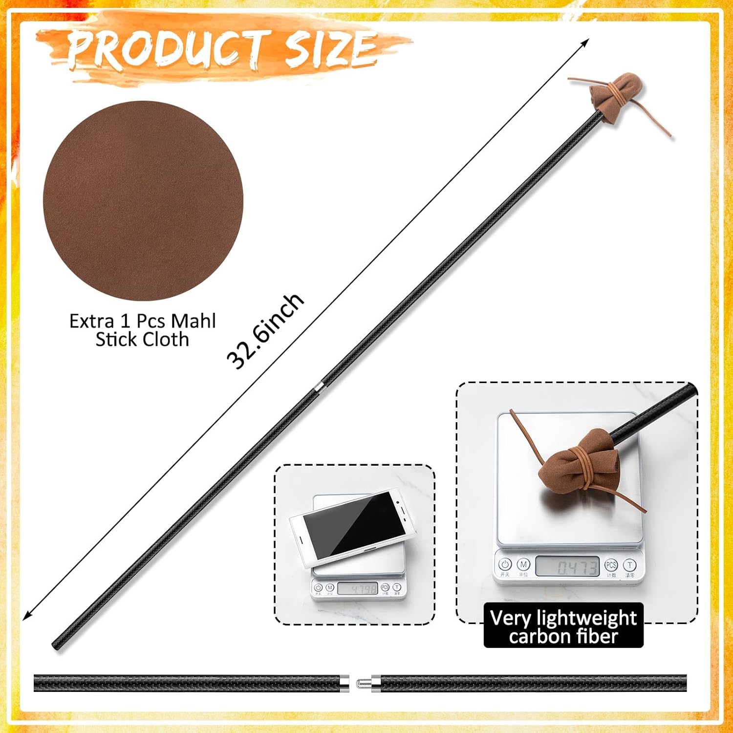 Patelai Mahl Stick for Steadying Painter Hand 32.7 Inch Carbon Fiber Drawing Tool Artist's Painter's Hand Rest Tool with Artificial Leather for Painting Art Watercolor Oil Paint Sketching Supplies