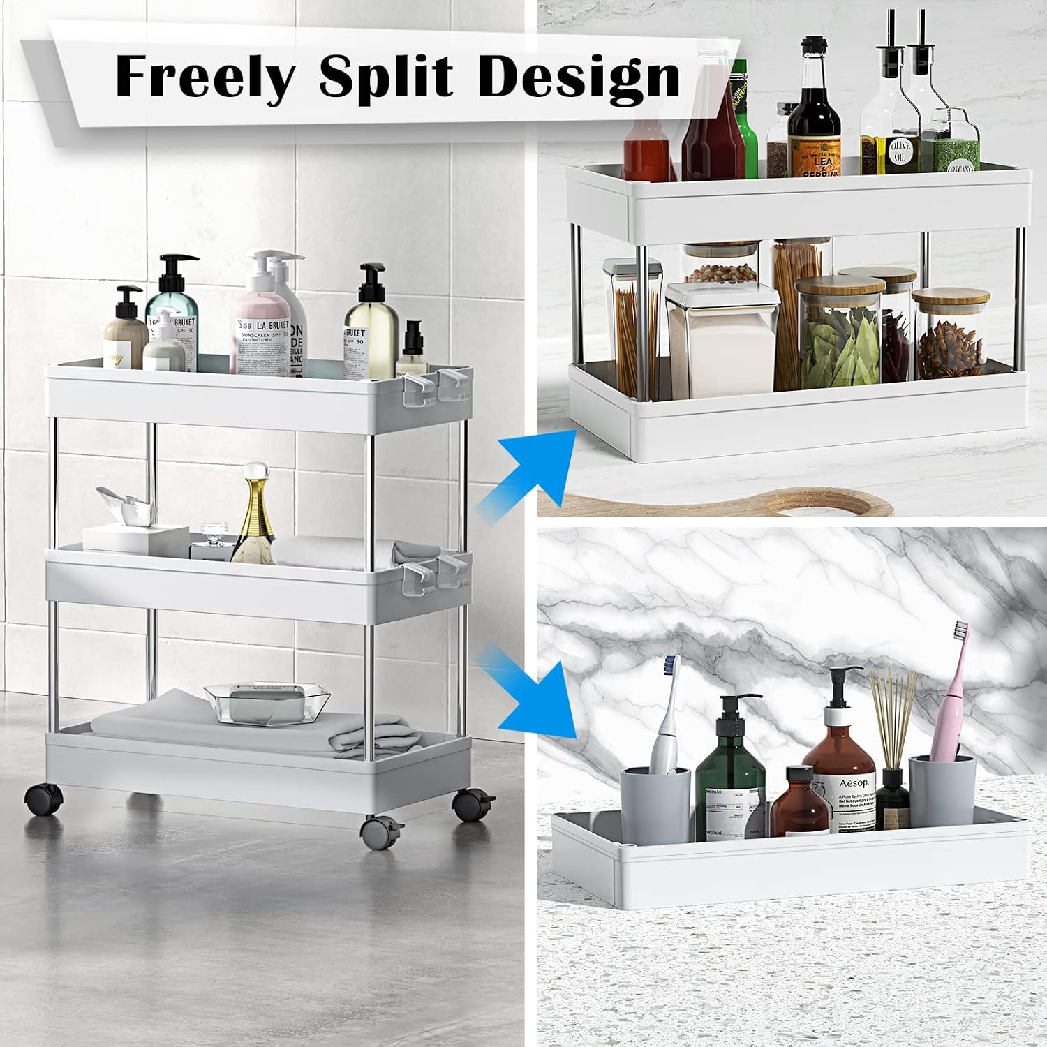 Virtotron Rolling Utility Cart, Storage Cart 3-Tier, Bathroom Organization Slide Out Cart, Laundry Organizer and Storage Utility Cart, Snack Cart with Wheels