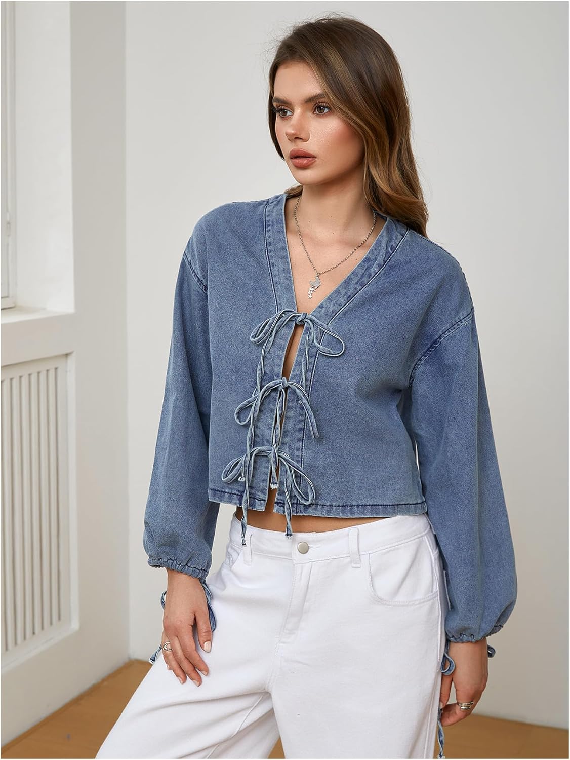 OYOANGLE Women's Tie Front Jean Blouse Oversized Lantern Long Sleeve V Neck Denim Tops