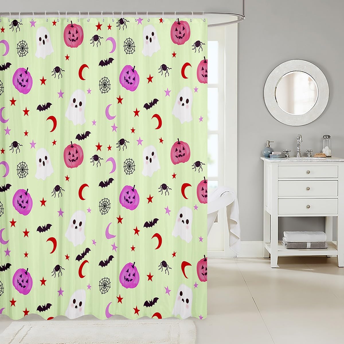 Roter Halloween-Duschvorhang – Mit Gruselmotiven, Wasserdicht, 183x183 Cm, Inkl. Haken