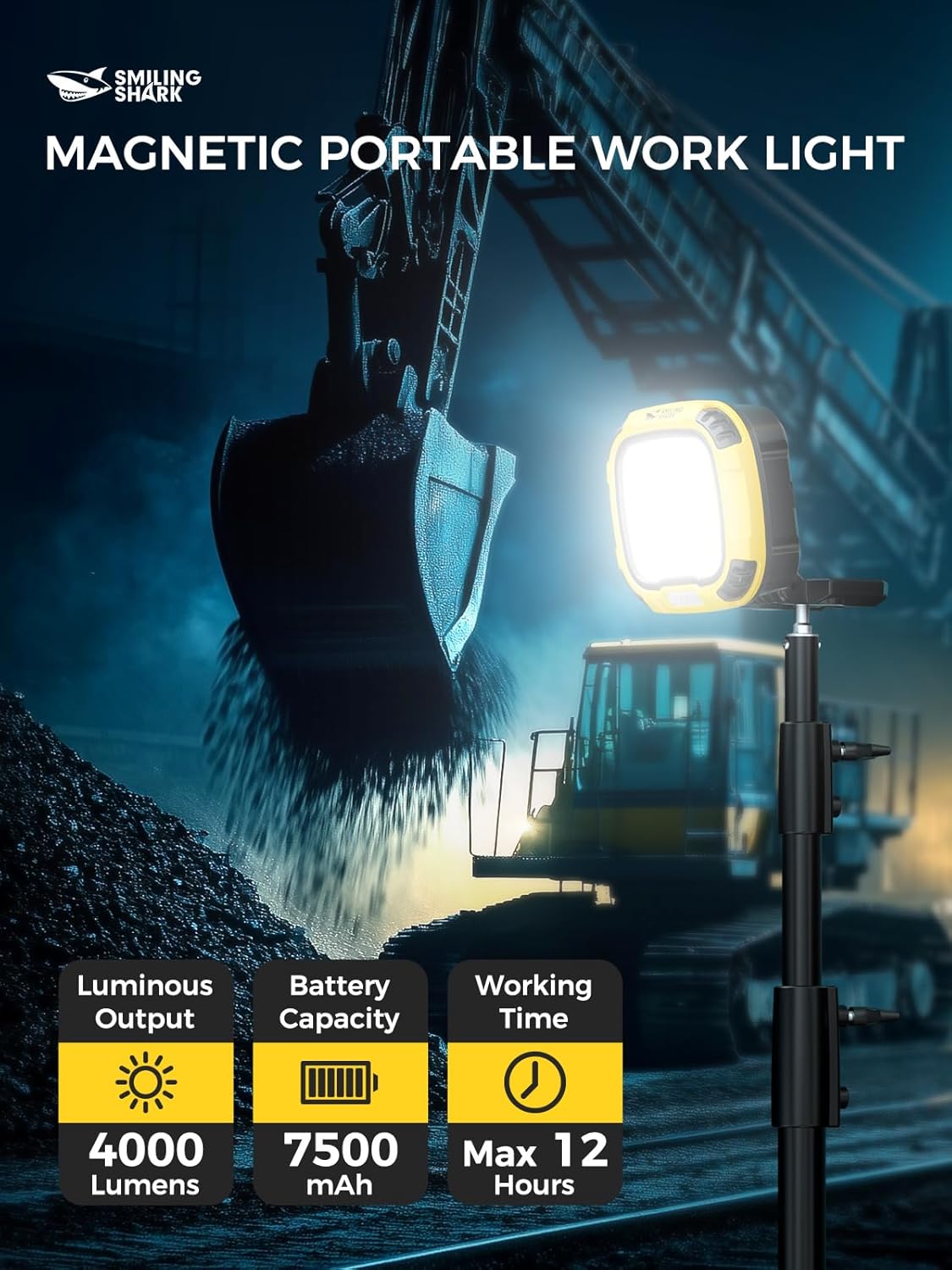 Smiling Shark Working Lights, 7500mAh Rechargeable LED Work Light 4000 Lumen 18 Light Mode Portable Magnetic Waterproof Drop Resistant Cordless Worklight Job Site Lighting for Garage Repair Camping - Image 2