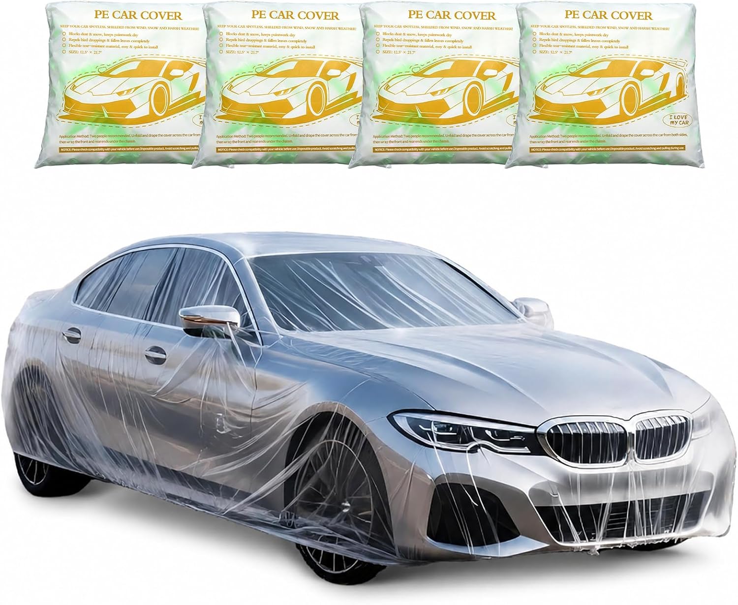 Disposable Car Cover 4 Packs Clear Plastic Car Cover Universal Rain Dust Garage Cover with Elastic Band Medium (12.5' x 21.7')