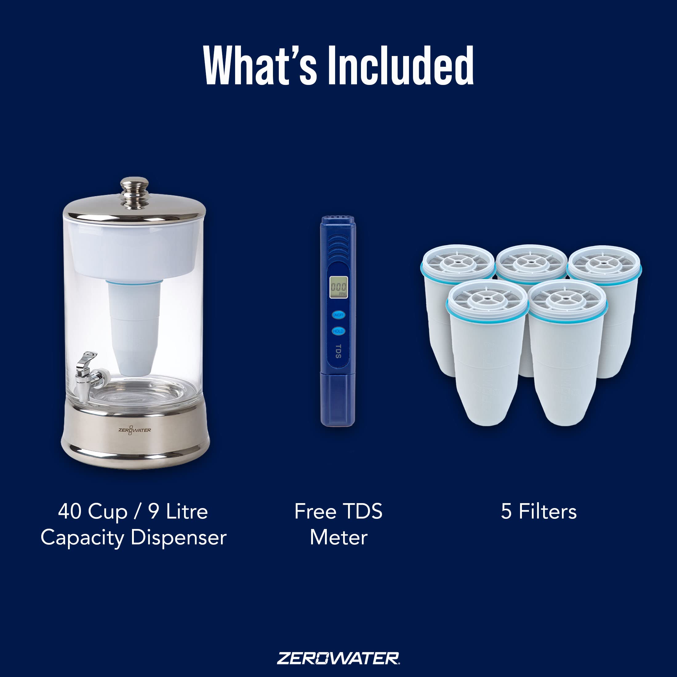 Carafe Filtrante ZeroWater 9L Avec 5 Filtres - Élimine 99.6% Des Solides Dissous - Compteur TDS Inclus